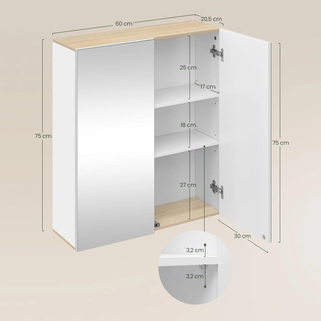 Armadietto da Bagno Pensile, Specchio Contenitore con 2 Ripiani Interni Regolabili, Mobile Sospeso da Bagno Salvaspazio con 2 Ante, Mobiletto Bianco e Rovere 60x20x75cm