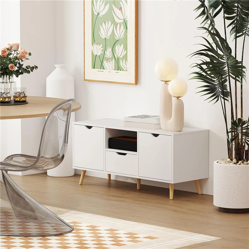 MOBILE PORTA TV MAX 50" CON CASSETTO, RIPIANO APERTO E ARMADIETTI, 110X40X50 CM, BIANCO E LEGNO