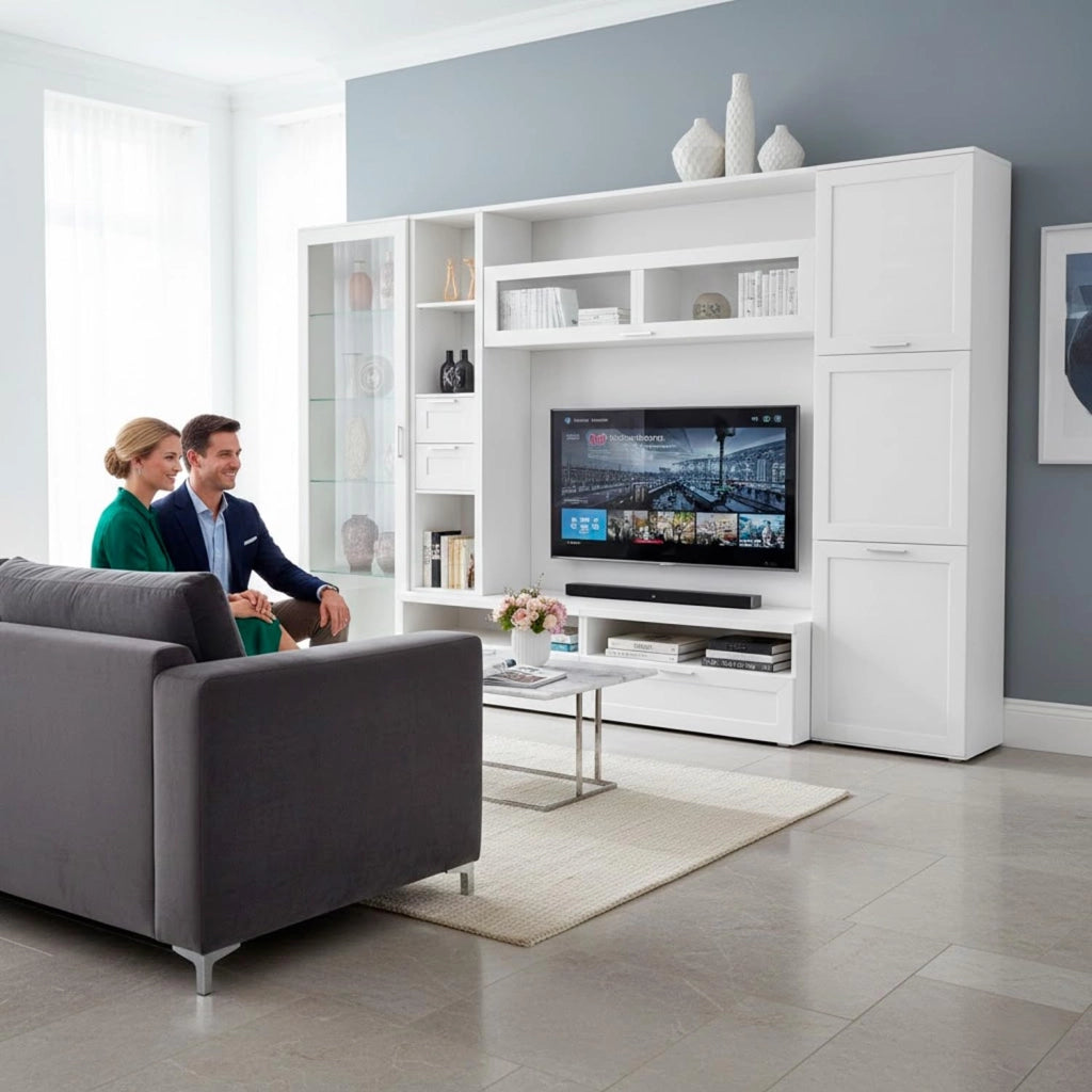 Parete Attrezzata Soggiorno Con Vetrina 6 Ante Battenti E 3 Ribalte Ampio Mobile Porta TV Con Ripiani In Design Moderno Per Zona Living Elegante Funzionale Minimal 300 X 50 X 215 Cm Bianco