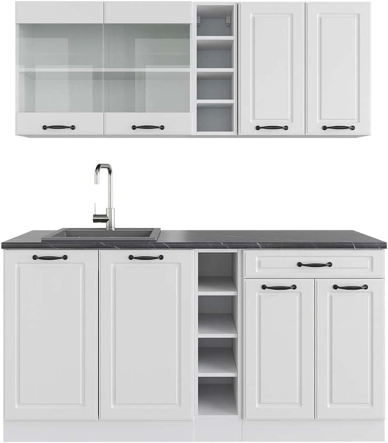 Cucina completa R-Line, Casa di campagna bianca/bianco, 160 cm, PL Antracite, con disposizione flessibile dei moduli ed espandibile