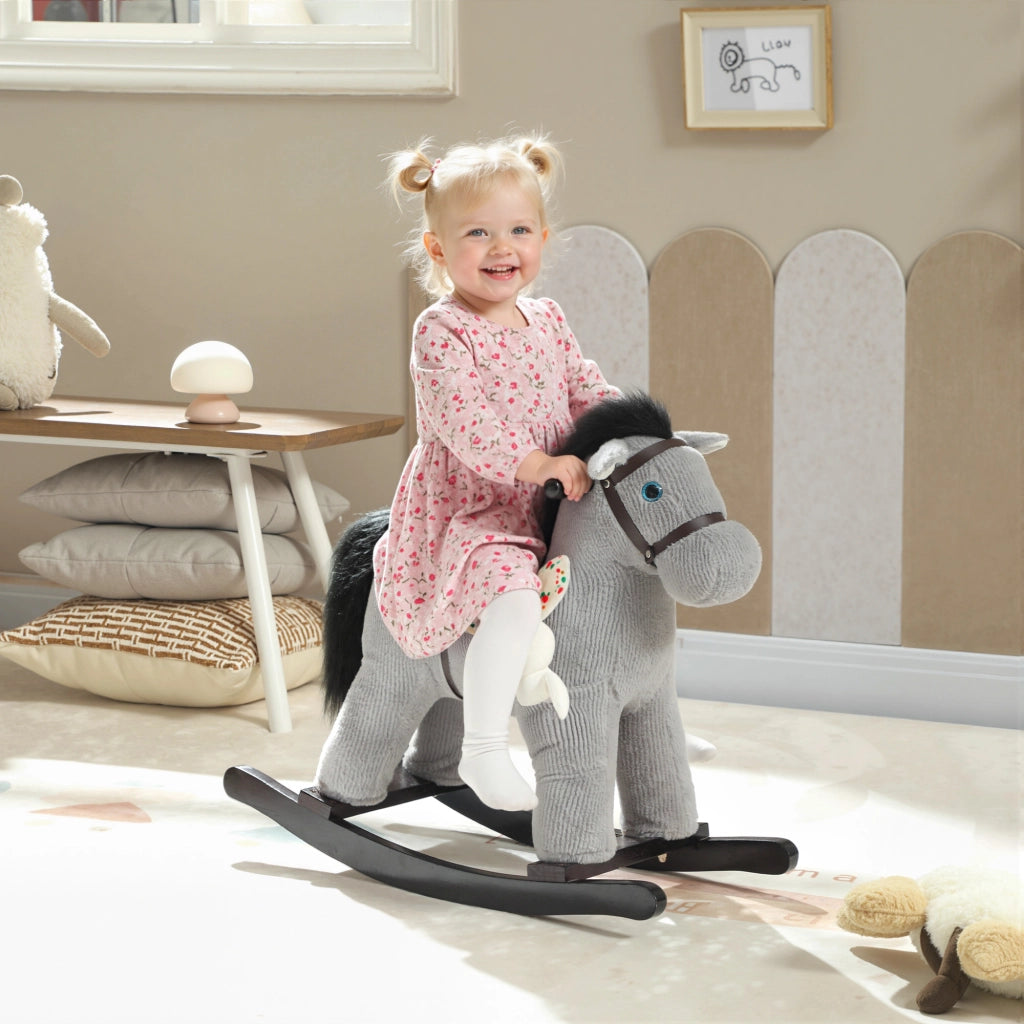Cavallo a Dondolo in Peluche per Bambini con Suono e Bambola ¨C zephmum ¨C Grigio 71x26x55 cm