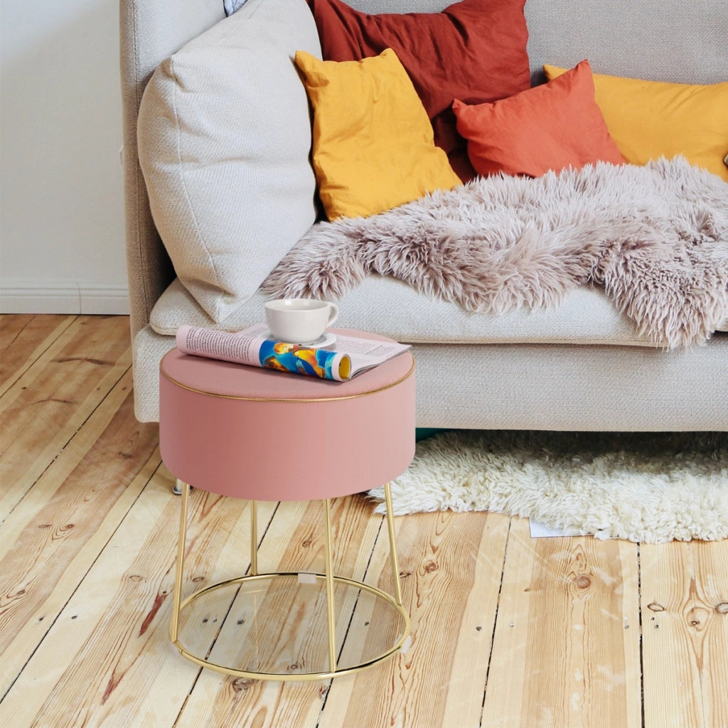 Pouf rotondo in velluto con base in metallo sedile imbottito spesso e piedini antiscivolo, Sgabello da trucco Rosa-Sgabelli