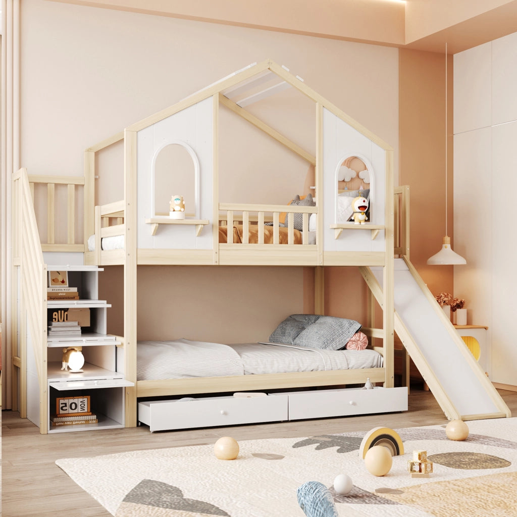 OKWISH Letto a Castello 90×200 cm, Letto Singolo con Scivolo, Scala con Contenitore, Cassetti e Ripiani, senza Materasso, Bianco e Legno