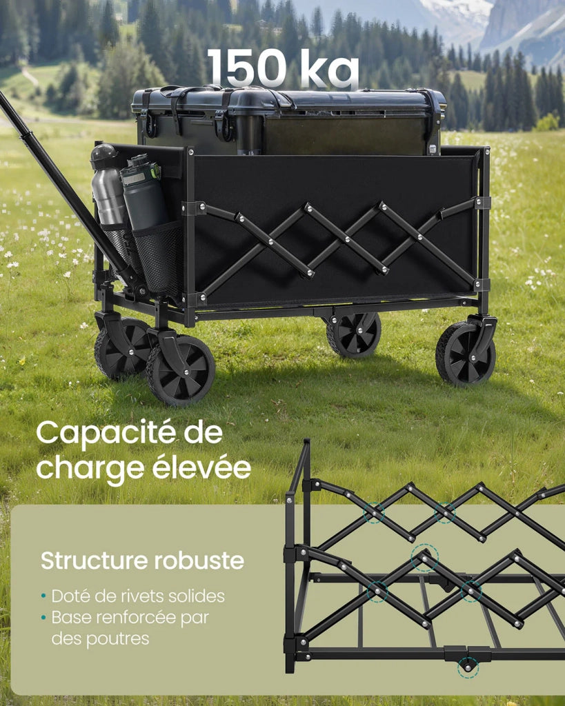 Carrello da trasporto pieghevole carrello da spiaggia carrello da campeggio con maniglia 4 ruote rinforzate di cui 2 universali portata 150 kg giardino esterno nero 2_0005031
