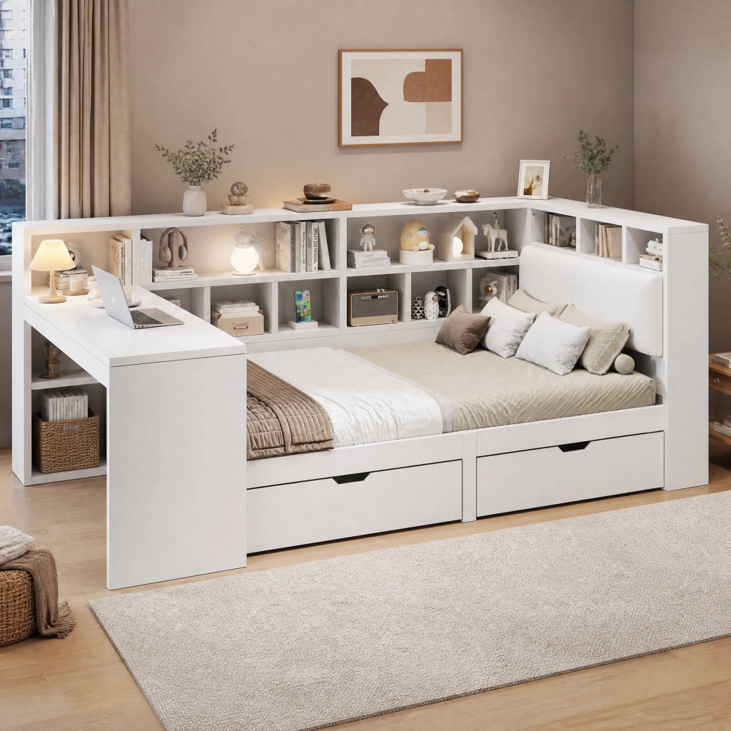 LETTO L con scrivania 140x200 cm Bianco con LED e libreria
