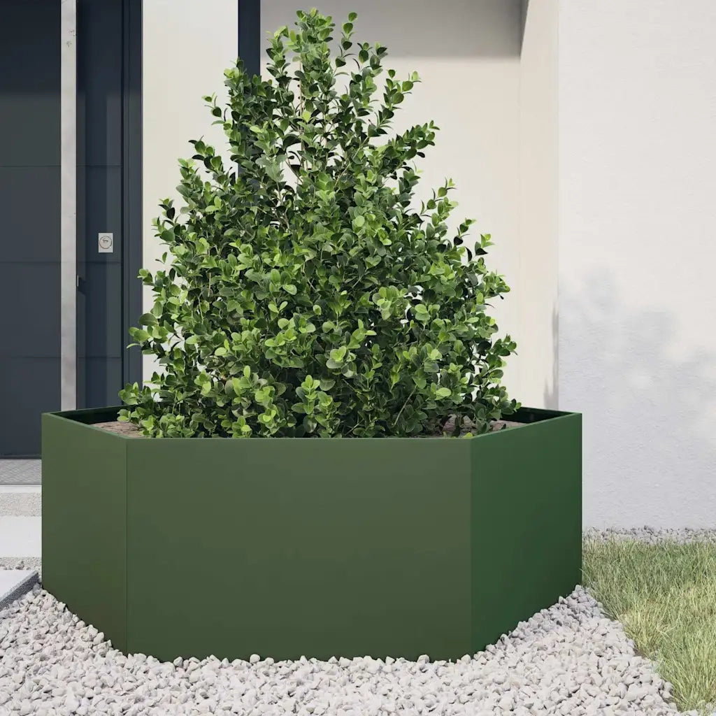 Fioriera | Cassetta per fiori | Vaso da Giardino Verde Oliva Esagono 138x120x45 cm Acciaio