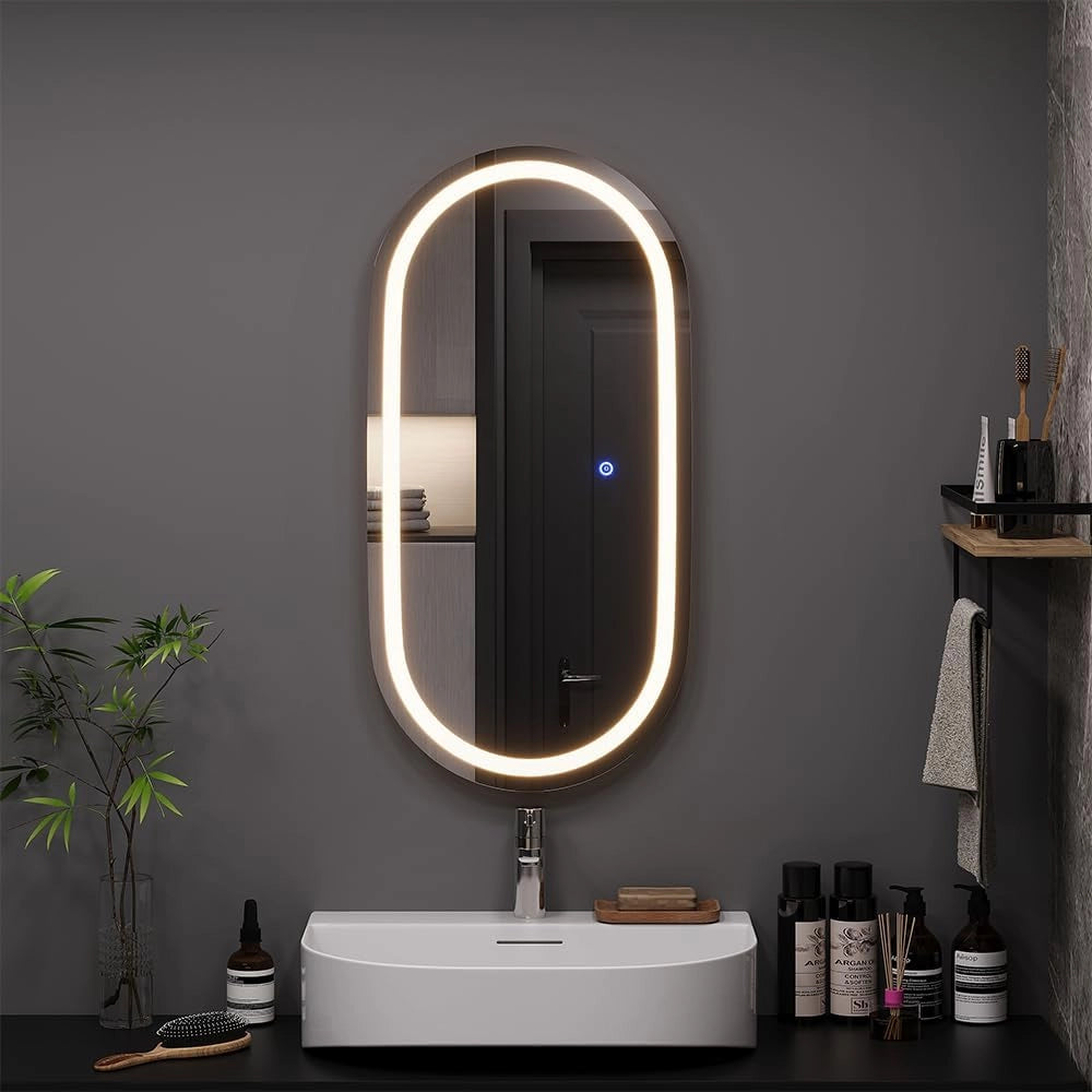 Specchio bagno Miral, Vetro, 80 x 40 cm con illuminazione frontale, adatto al montaggio a parete per ambienti umidi