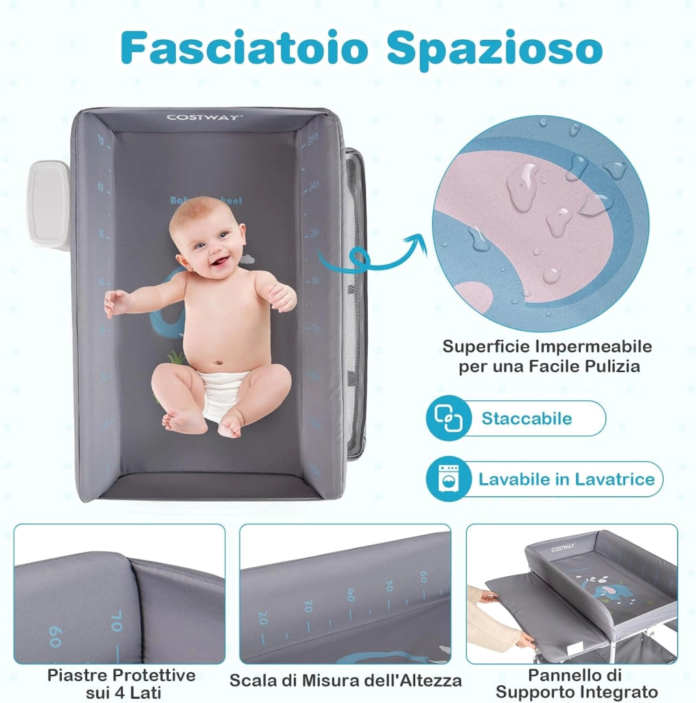 Fasciatoio Pieghevole Neonato, Fasciatoio Portatile con Altezza Regolabile, Comodino per Pannolini con Ruote di Bloccabili, 2 Ripiani, Porta Asciugamani, Cestino di Rifiuti (Grigio)