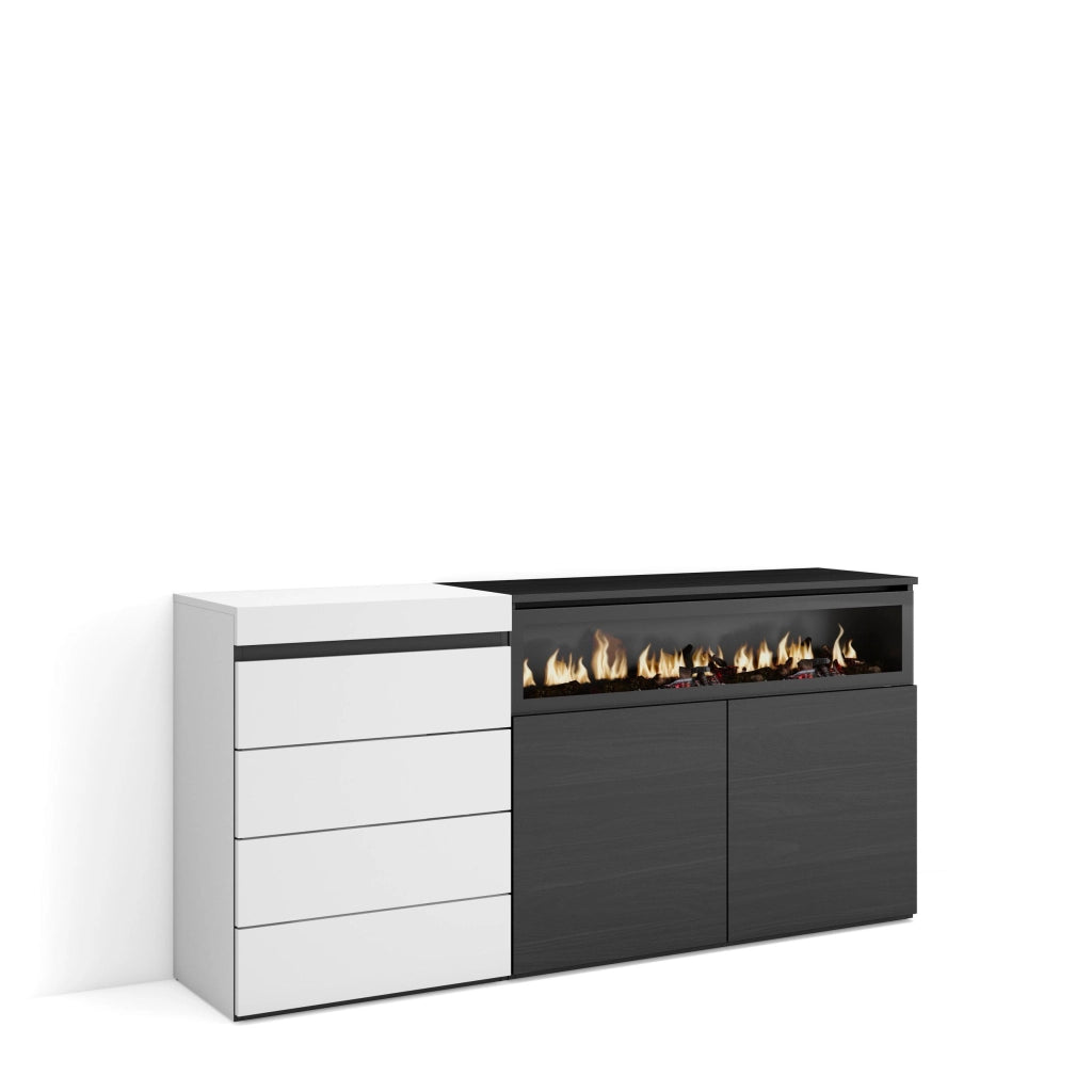 Cassettiera, 157x35x75cm, Camera da letto, Camino elettrico, Bianco e nero RF3424