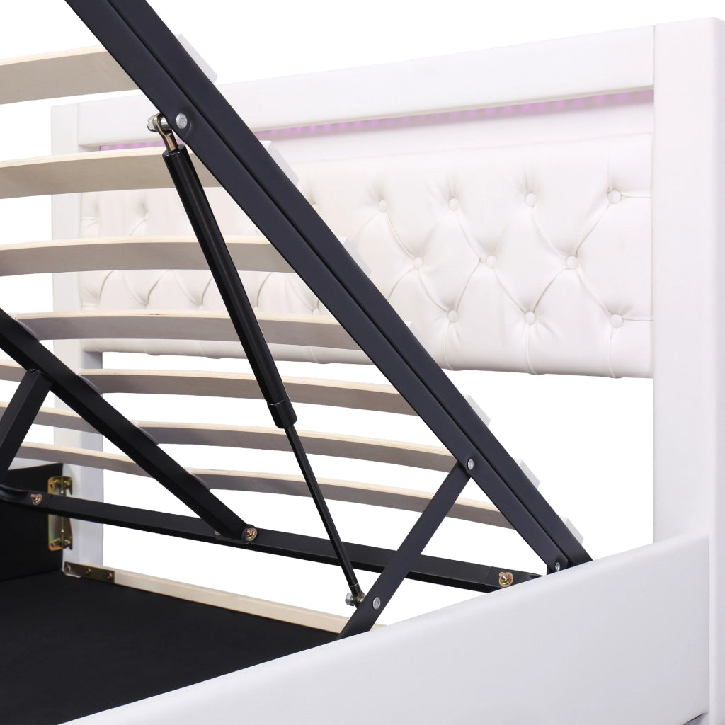 Polsterbett 160x200 cm con contenitore, rete a doghe e LED, PU bianco