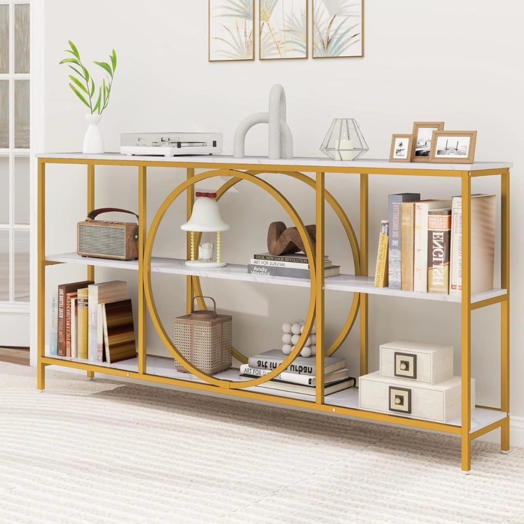 Tavolo consolle a 3 piani con piano in marmo finto, Tavolo da divano moderno con ripieni Bianco + Oro-Consolle