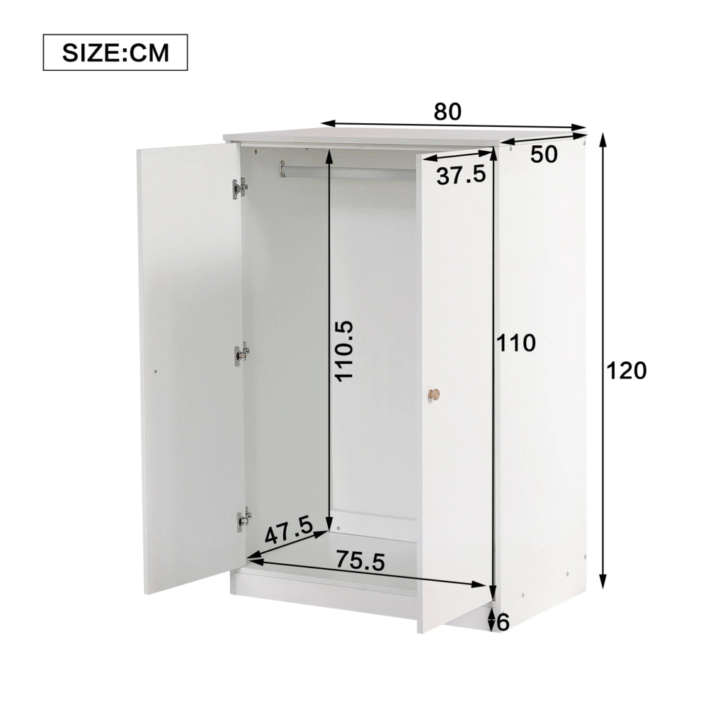 Armadio compatto a 2 ante con barra appendiabiti; 80 x 50 x 120 cm; bianco