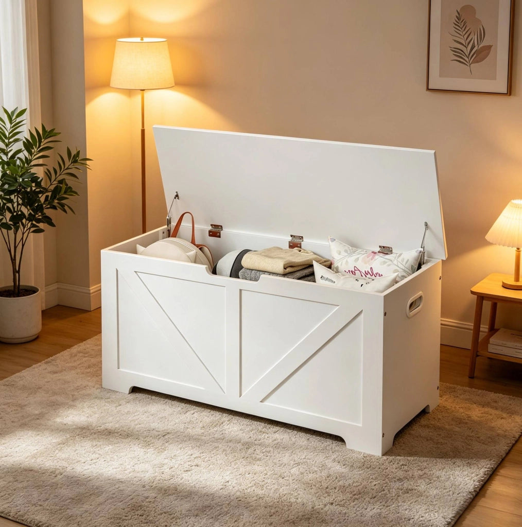 Panca contenitore con coperchio a cerniera; 76 L; in legno composito bianco