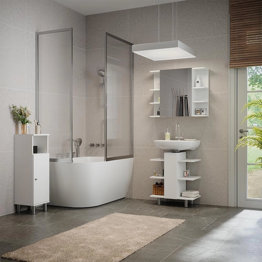 Set mobili bagno Fynn, Bianco, 79.6 cm, composto da mobile sottolavabo, specchiera e mobile medio