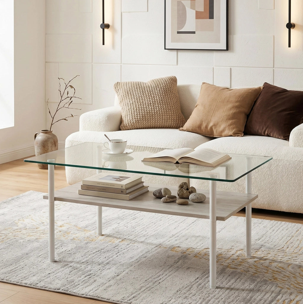Tavolino da caffè 98x58x45 cm con piano in vetro temperato e ripiano in MDF; metallo bianco