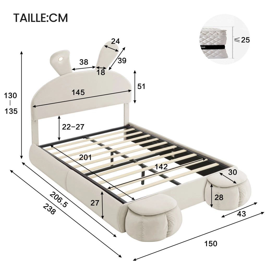 OKWISH Letto Contenitore 140×200 cm, Letto Matrimoniale con Orecchie da Coniglio, LED Regolabile e 2 Pouf Contenitore, senza Materasso, Velluto, Beige