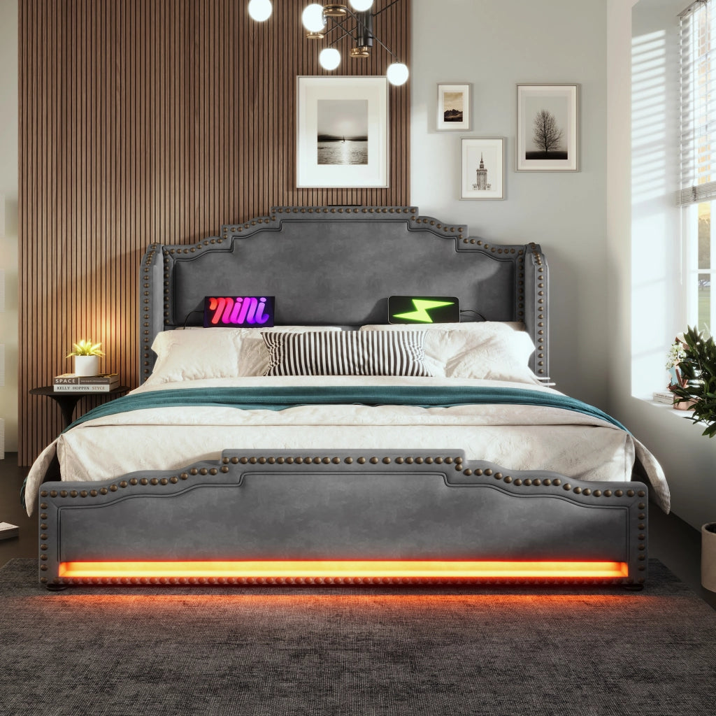 LETTO Contenitore 160x200 cm in velluto grigio con LED e USB Type C