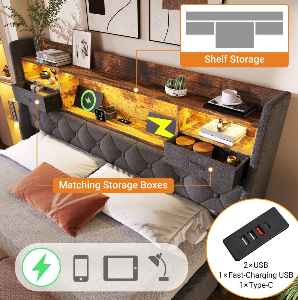 Letto contenitore idraulico 140 × 200 cm con LED; USB e Type-C; tessuto di lino grigio