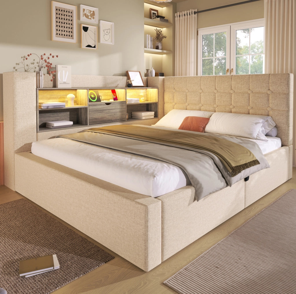 Letto matrimoniale 140x200 cm con contenitore; LED; USB-A e USB-C; lino beige