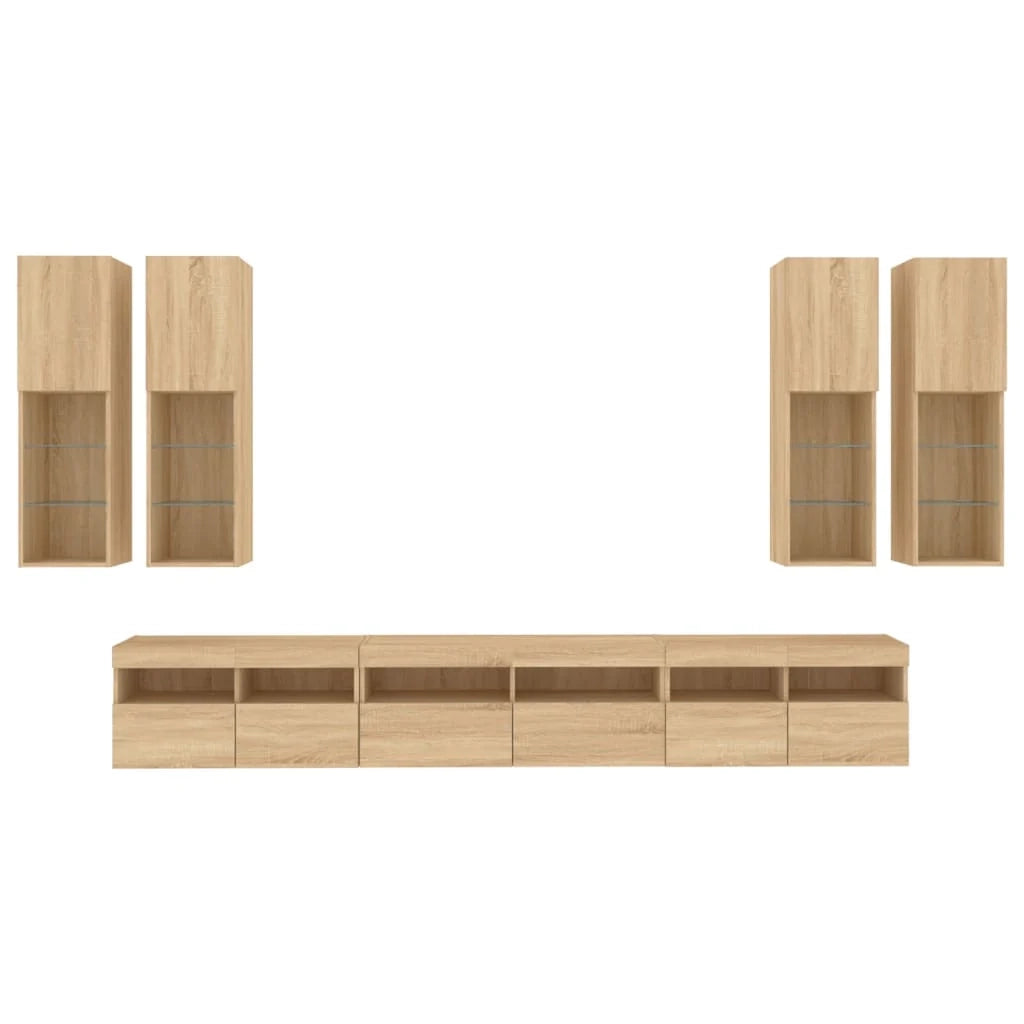 Set di mobili credenza TV soggiorno camera da letto parete soggiorno x 7 pezzi e luci LED rovere sonoma marrone 02_0025375