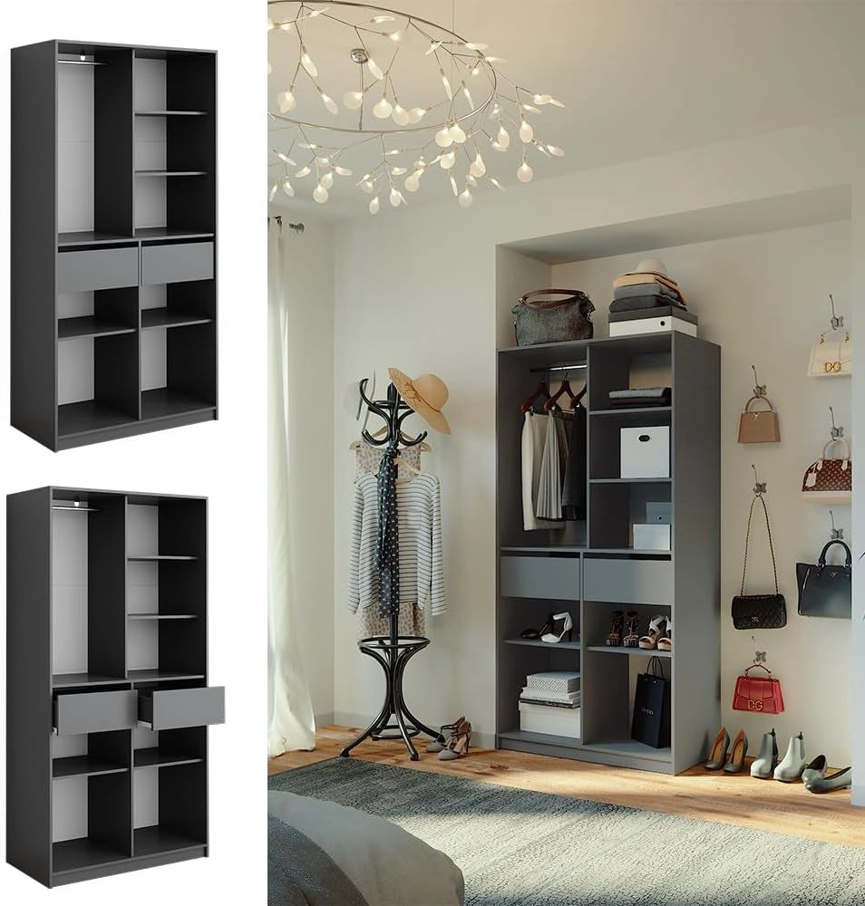 Armadio Elmo, Antracite, 100 x 200 cm con 2 cassetti, per una conservazione flessibile di diversi capi di abbigliamento
