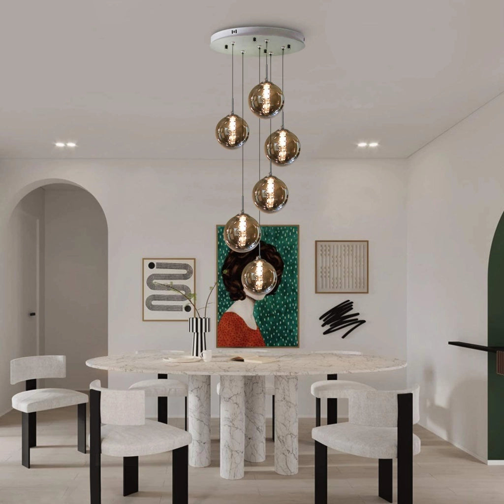 ZMH Lampada a sospensione per sala da pranzo 6 luci Altezza regolabile Vetro cristallo grigio