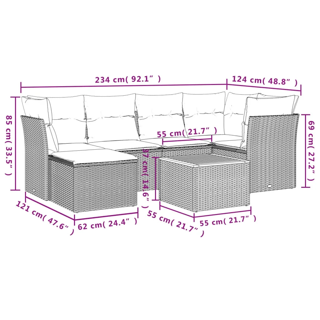Set Divani da Giardino 7 pz con Cuscini Beige in Polyrattan