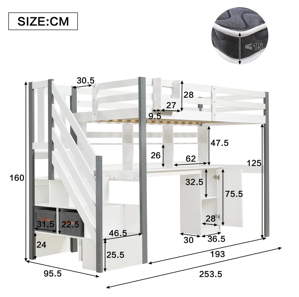Letto semialto 90x200 cm con scrivania; libreria e scala laterale con contenitore; legno e MDF bianco e grigio