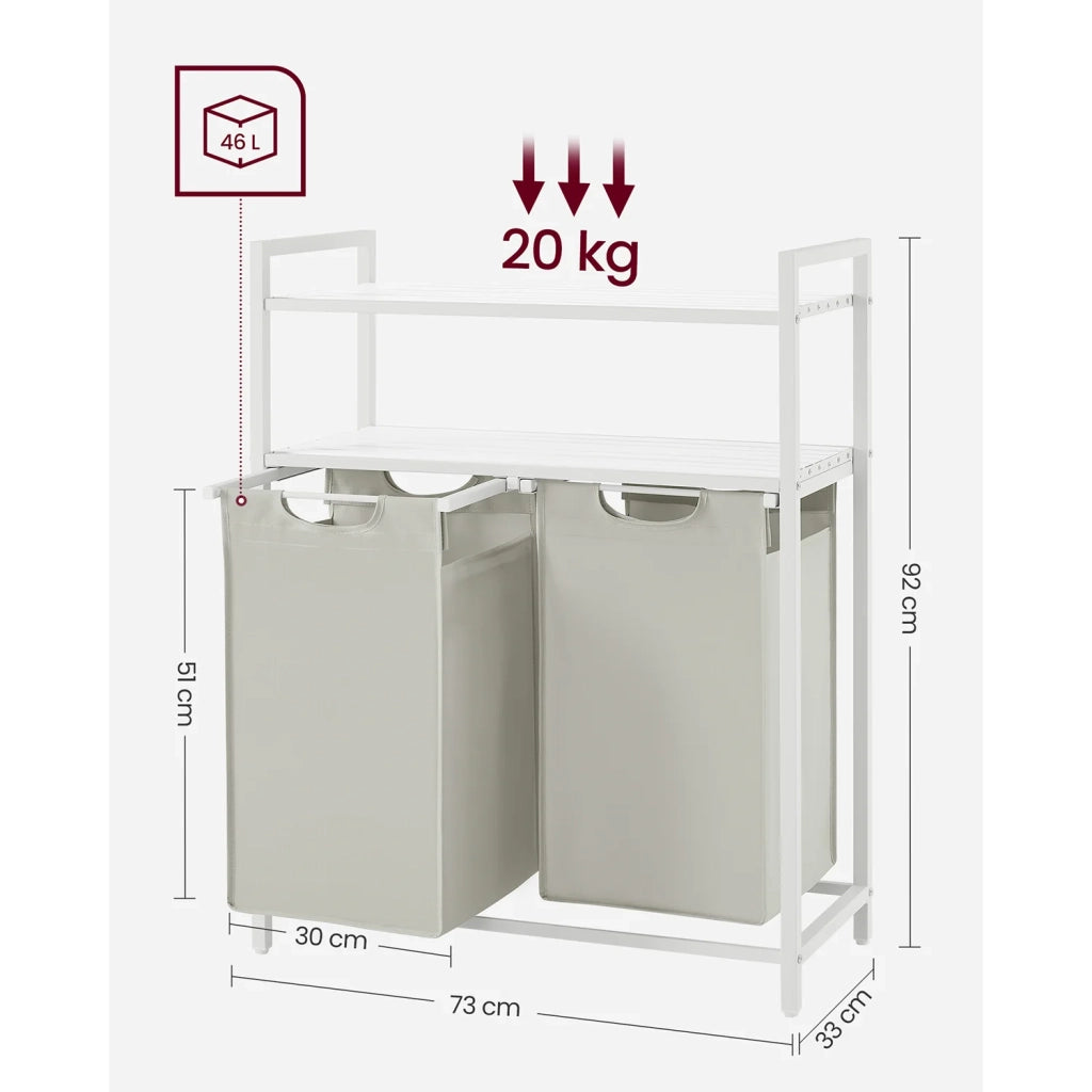 Cesto portabiancheria con 2 scomparti e 2 ripiani sacchetti estraibili capacità 46 litri per sacchetto per bagno/lavanderia marrone rustico e nero 12_0006754