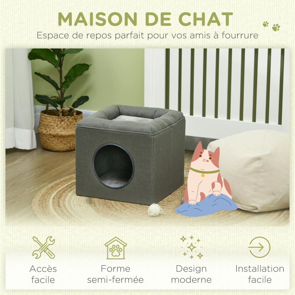 Casetta per Gatti a 2 Livelli con Cuscino ¨C zephmum ¨C Grigio 36.5x36.5x33 cm