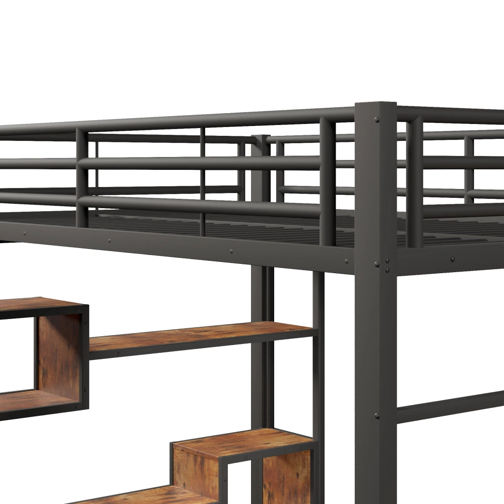 Letto a soppalco 140x200 cm con spazio libero sottostante; LED; ripiano; gradini integrati e parapetto; metallo nero