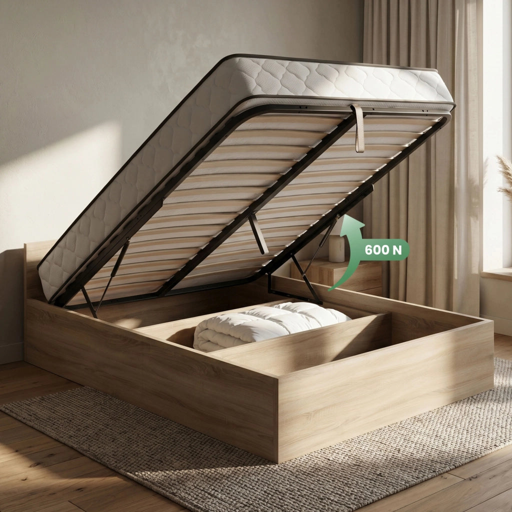 Letto con contenitore 120x200 cm rete sollevabile in metallo e materasso a molle Rovere Sonoma