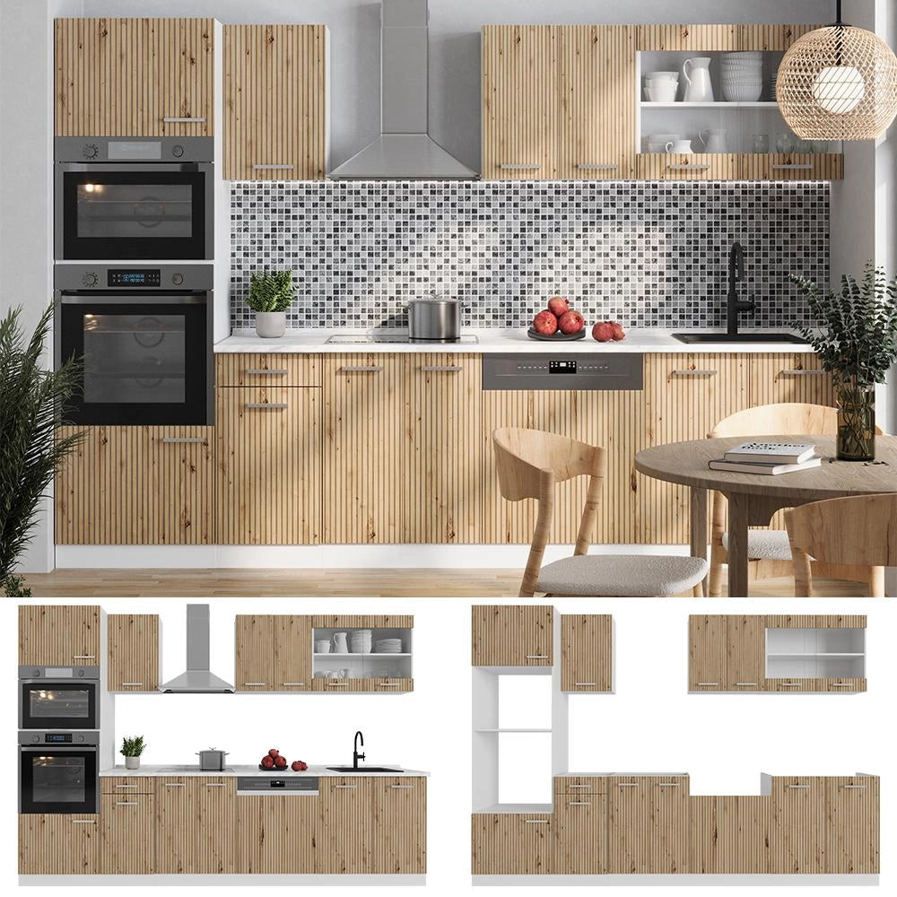 Cucina componibile R-Line Rovere artigianale/Bianco 300 cm con armadio alto, PL Rovere Vicco