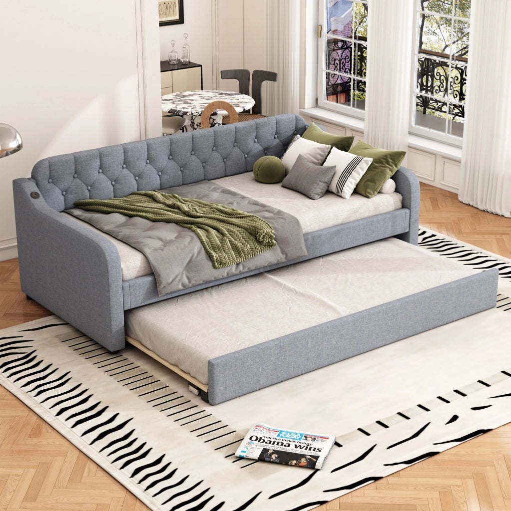 Divano letto con letto estraibile 90x200 cm; USB; in lino grigio
