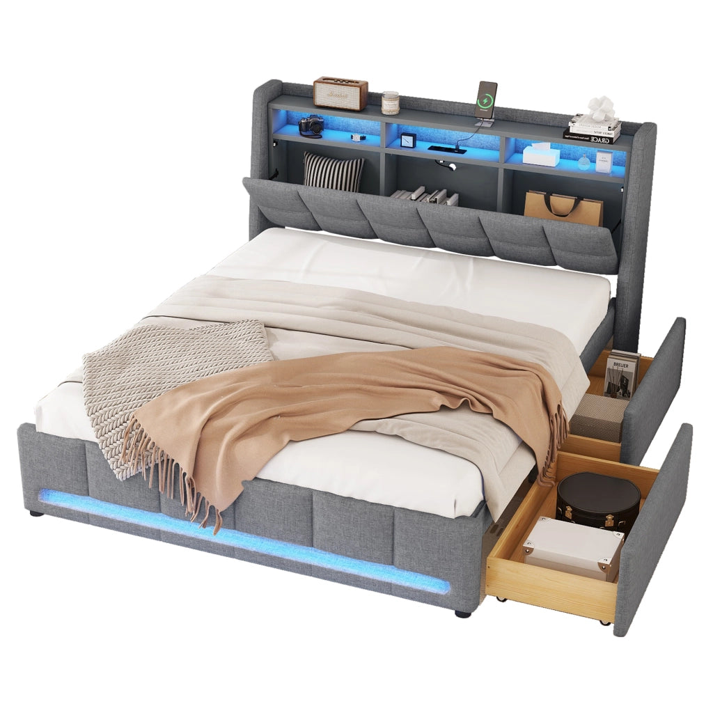 OKWISH Letto con Cassetti 140×200 cm, Letto Matrimoniale con LED Regolabile, USB e Contenitore, senza Materasso, in Lino, Grigio