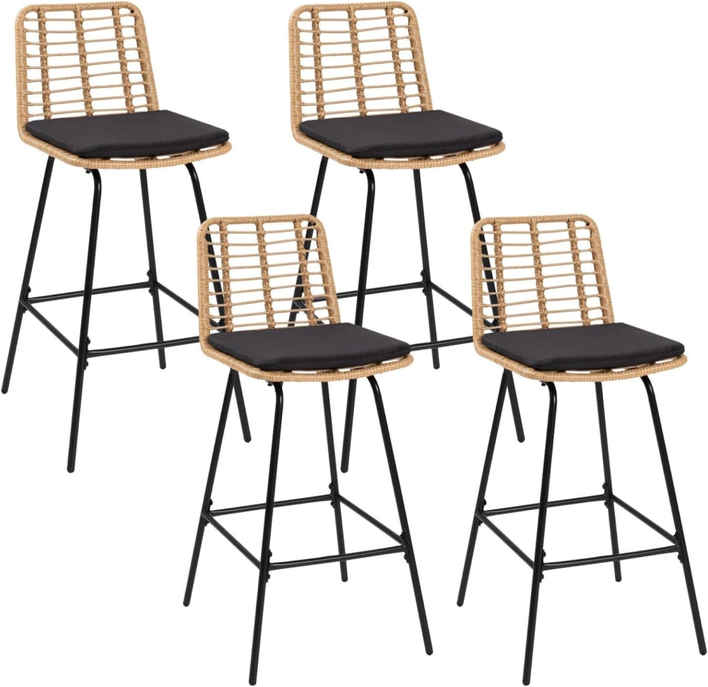 Set di 4 sgabelli da bar SUMMER effetto rattan con gambe in metallo nero