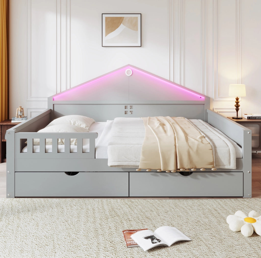 Letto 140x200 cm con LED e cassetti; grigio