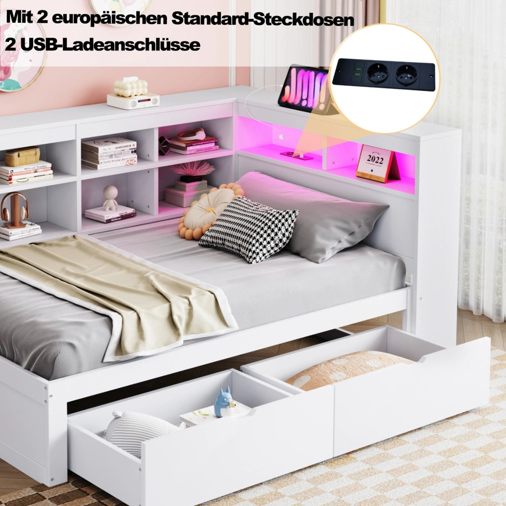 OKWISH Letto a Divano 90×200 cm, Letto Singolo con USB, Presa e LED Regolabile, Mensole e Cassetti, senza Materasso, Legno, Bianco