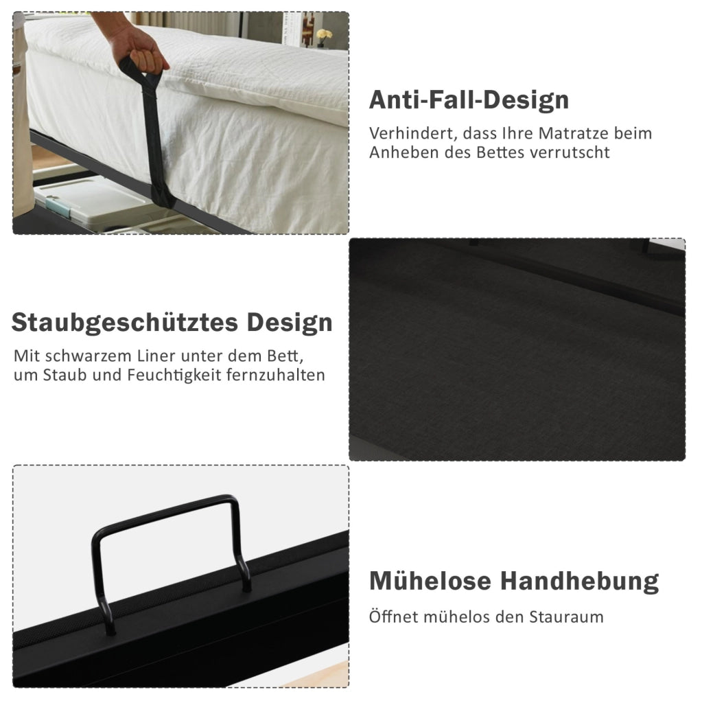 Letto imbottito 140x200 cm con LED, USB-C e vano contenitore grigio