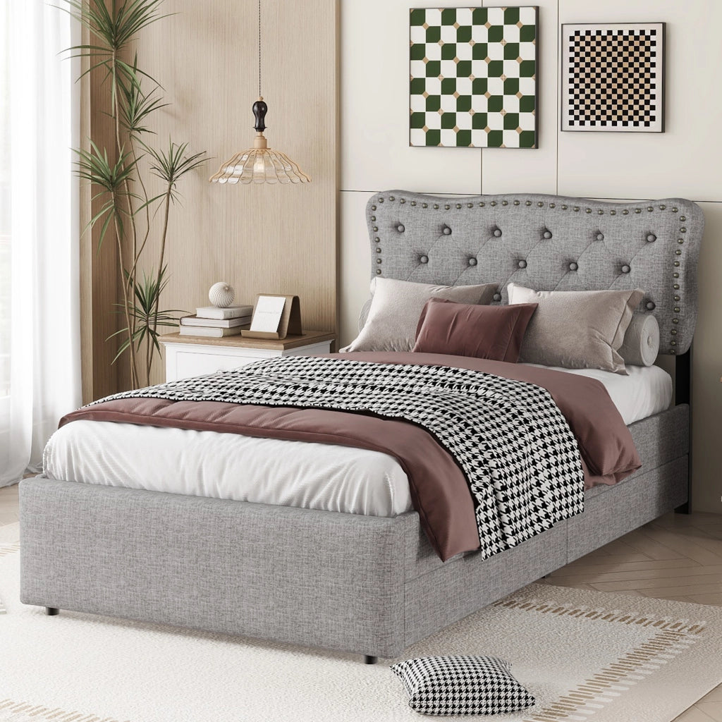 OKWISH Letto Singolo 90×200 cm con 2 Cassetti, Testiera Regolabile e Borchie Decorative, senza Materasso, in MDF e Lino, Grigio