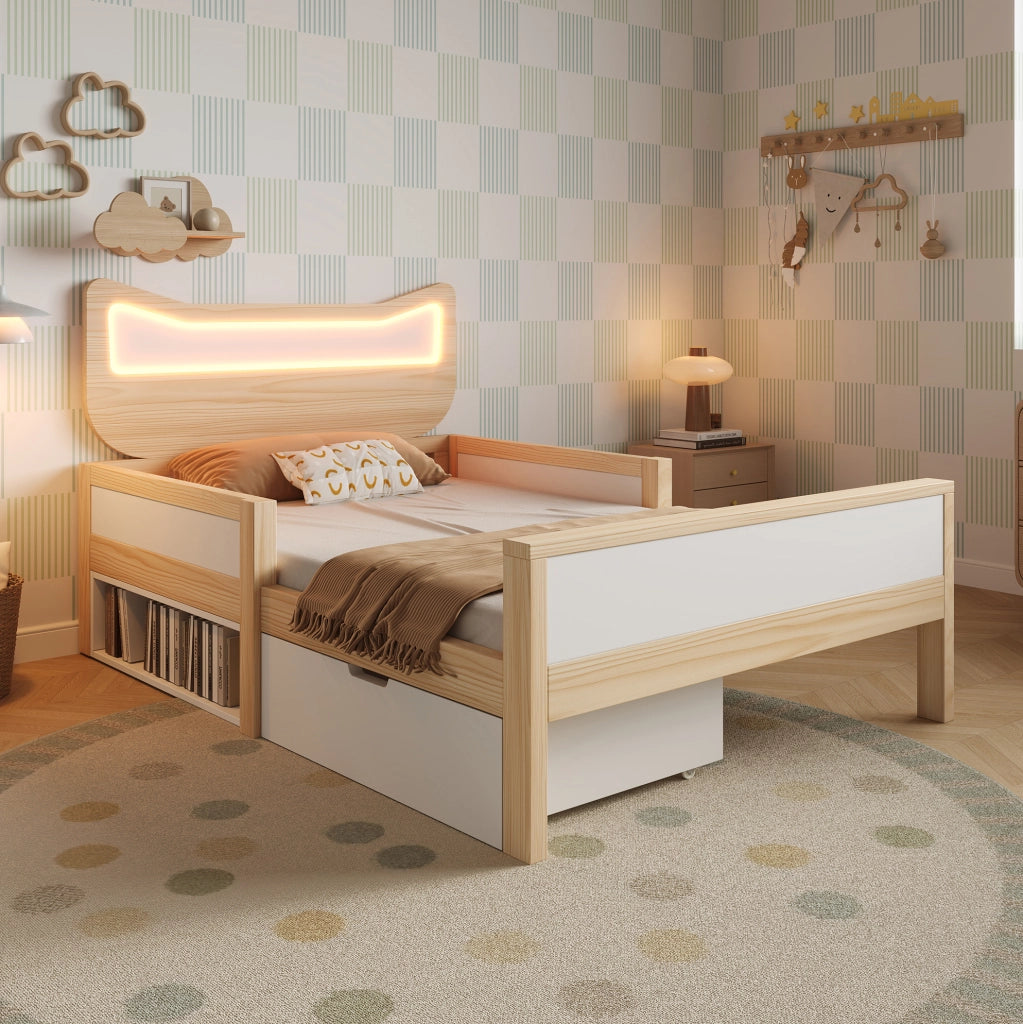 Letto per bambini 90x190 cm con testiera a gatto; LED; cassetto e vano contenitore; bianco e rovere
