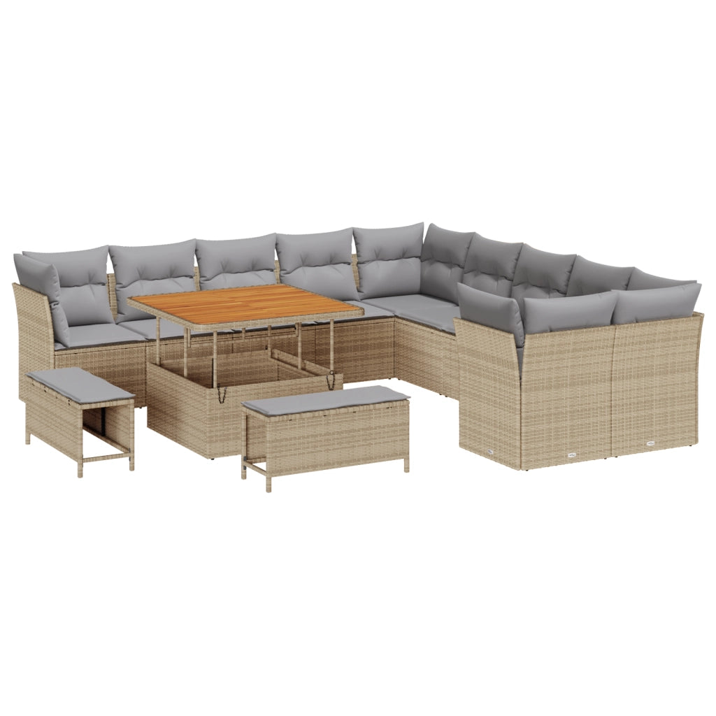Set Divano da Giardino da 13 Pezzi con Cuscini Beige Polyrattan Acacia