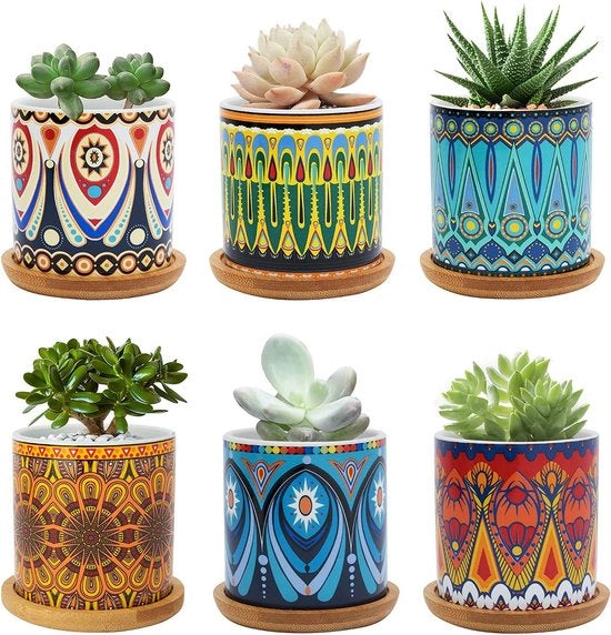 Pianta da interno e da esterno in ceramica con disegno mandala, piatto per piante da 7,5 cm, set di 6 con piatto per cibi in bambù