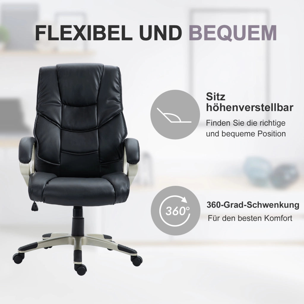 Sedia da ufficio girevole con altezza regolabile e funzione oscillante in ecopelle nera e metallo 70 × 58 × 114–124 cm
