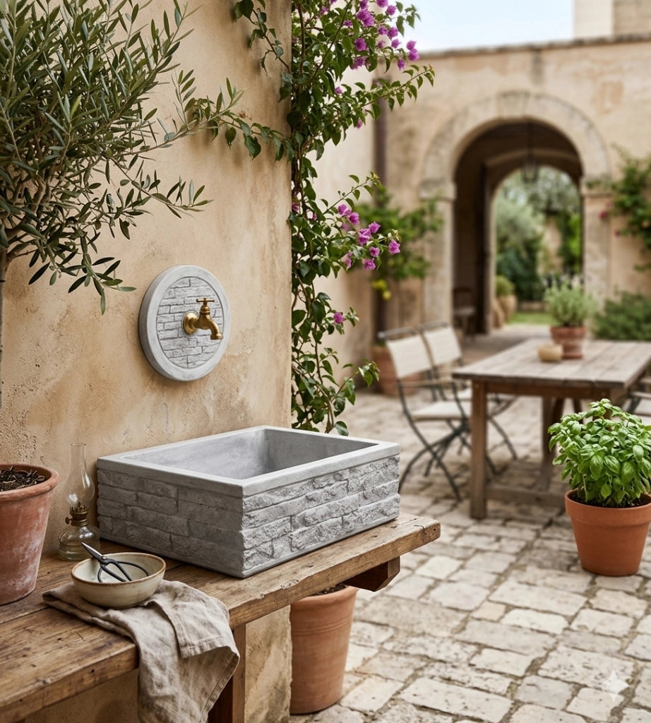 Lavello Rettangolare da Esterno 45x35 cm con Rosone Installazione a Muro in Cemento Mattone Faccia a Vista Meseta Grigio