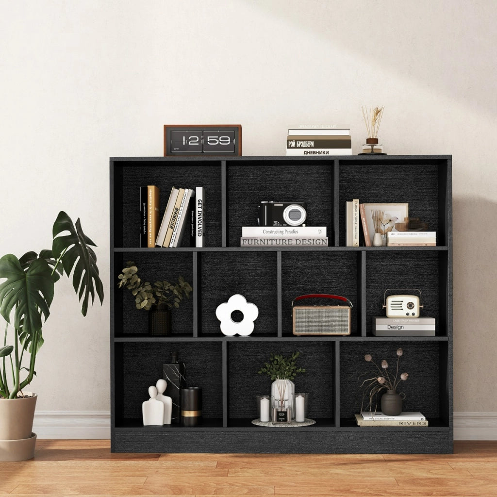 Libreria a 10 cubi con 2 kit anti-ribaltamento, Organizzatore di stoccaggio a 3 ripiani in legno alto 104cm Nero-Librerie