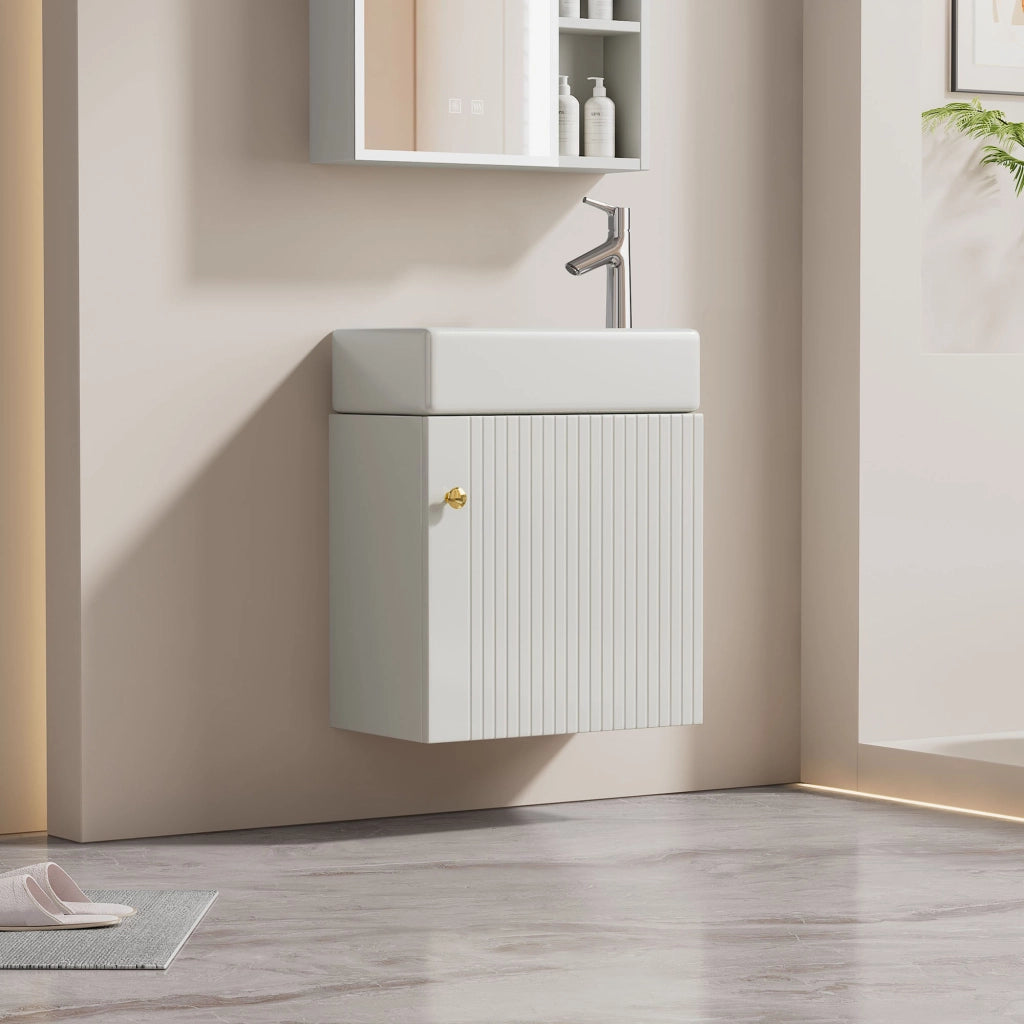 Mobile sottolavabo sospeso per bagno in MDF bianco con lavabo in ceramica