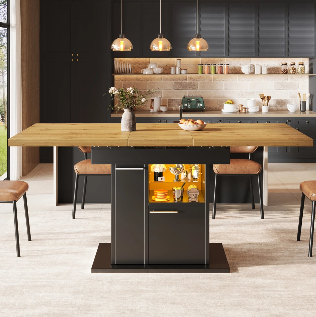 Tavolo da pranzo allungabile con LED multicolore e vano contenitore, MDF nero