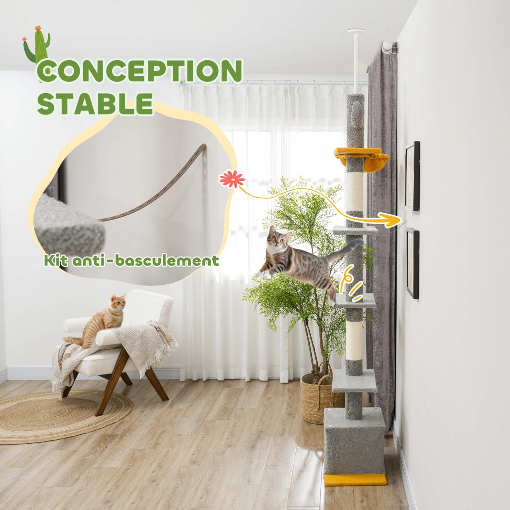 Tiragraffi per Gatti 275cm ¨C Xylo ¨C 6 Livelli con Piattaforme e Cuccia Grigio Chiaro