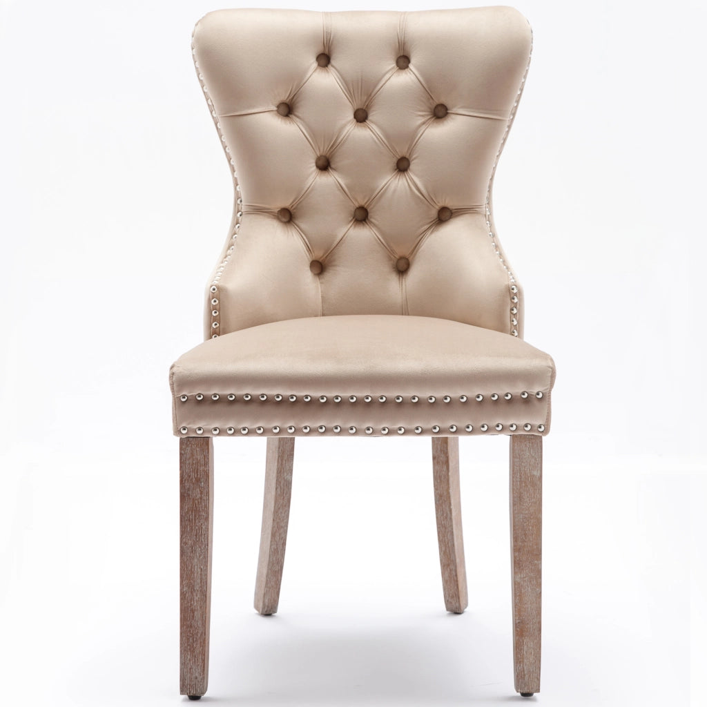 Sedia da Pranzo con Schienale e Seduta in Velluto Beige ¨C MINIMAL ¨C Set 6 Pezzi, Gambe in Legno Massello
